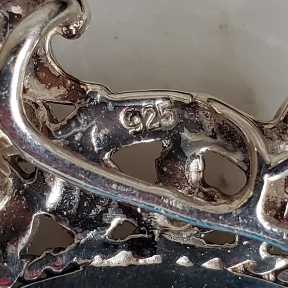 Large Cameo Pendant Brooch Sterling Silver 925 Genuine Turquoise Mother Of Pearl - Picture 5 of 9